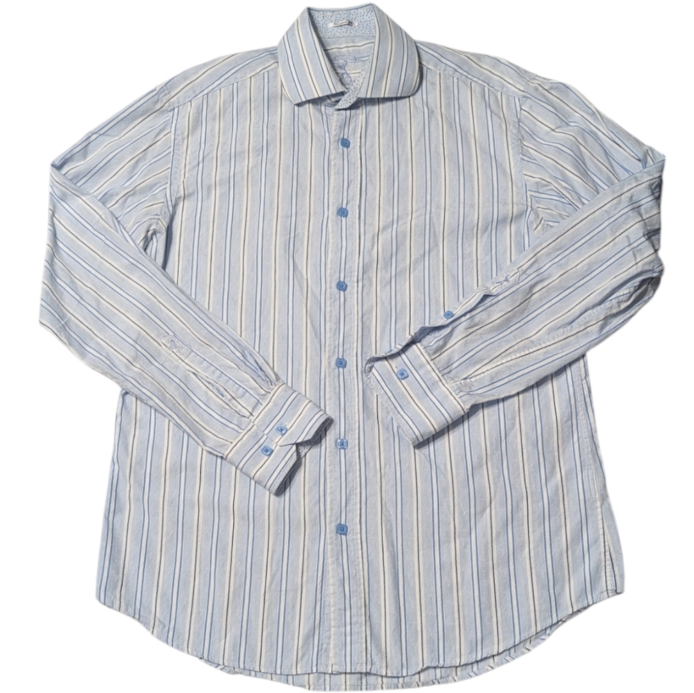 Bugatchi Men's Dress Shirt Blue White Pinstripe Casual Button Down 100% Cotton M